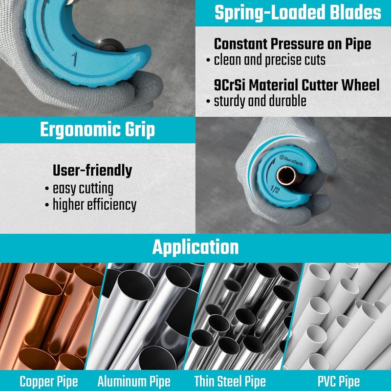 DURATECH 4-Piece Copper Tubing Cutter Set, Pipe Cutter Tool, Includes 1/2", 3/4",1" Tube Cutters, 1 Deburring Tool with Storage Case - Image 3